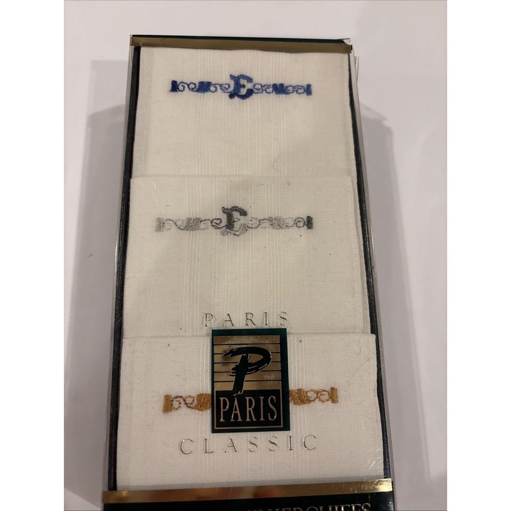 Paris Classic 3 Piece‎ Men's 100% Cotton Handkerchief White Embroidered E